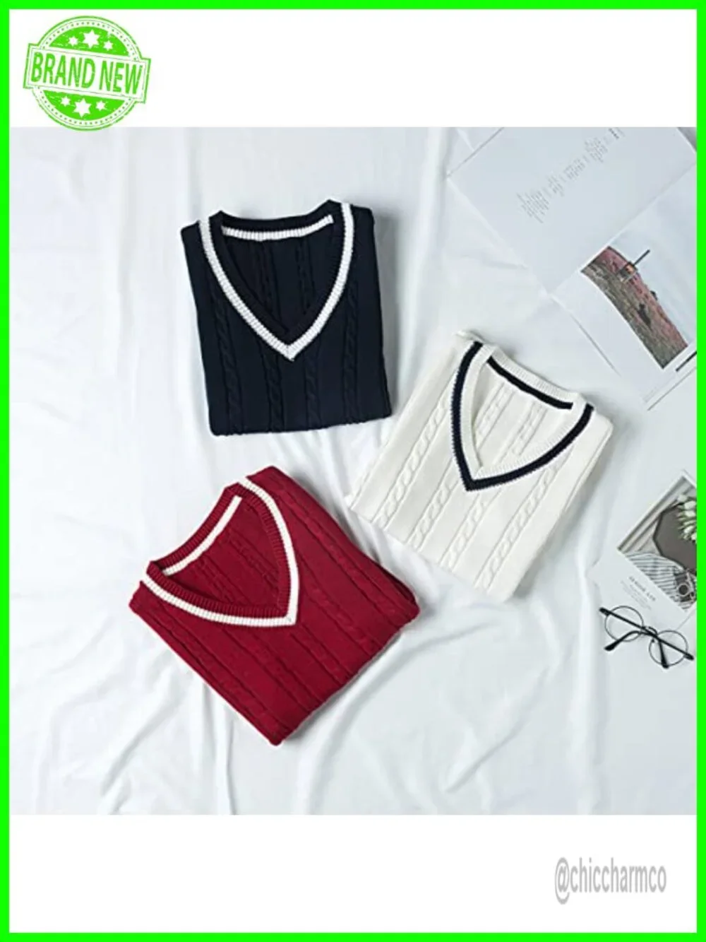 Women's Striped Cable Knit Sweater Vest V Neck Sleeveless Pullover